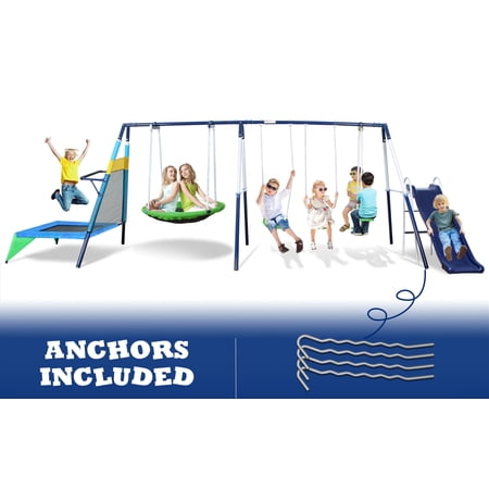 SMkidsport 6 in 1 Swing Set for Outside, Playground Set for Backyard with Slide, Trampoline, Two Swing Seats, Saucer and Glider