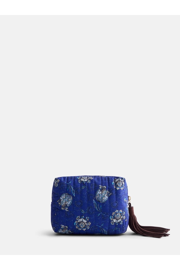 Women's Zip Pouch with Fringe Tassel, Navy Print