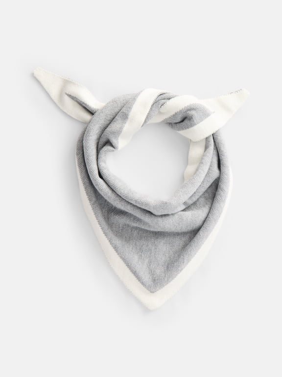 Women's Border Stripe Knit Triangle Scarf, Medium Grey Heather and Winter White