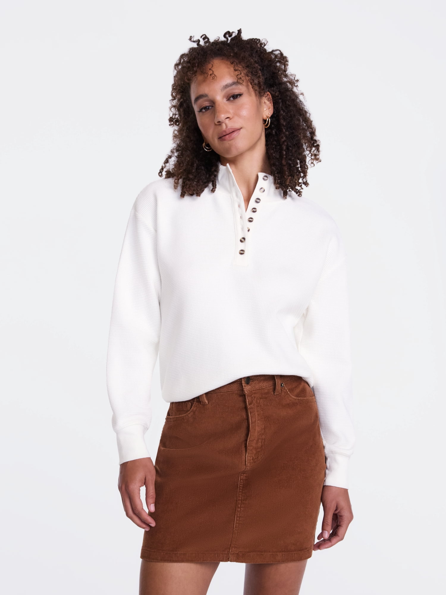 Scenario Women's and Women's Plus Waffle Knit Button Top with Long Sleeves, Sizes XS-4X