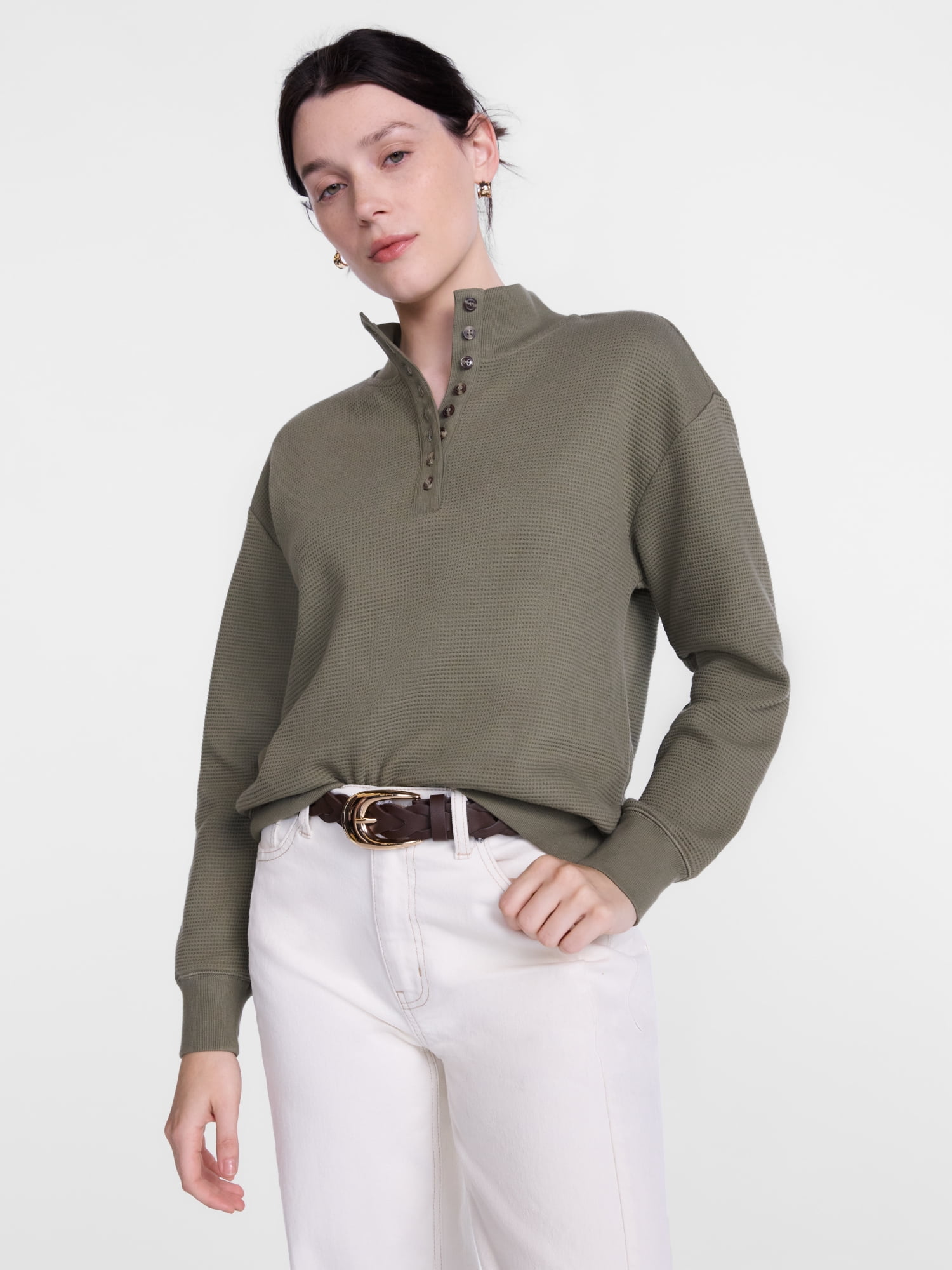 Scenario Women's and Women's Plus Waffle Knit Button Top with Long Sleeves, Sizes XS-4X