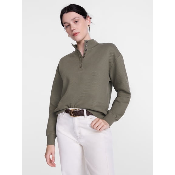 Scenario Women's and Women's Plus Waffle Knit Button Top with Long Sleeves, Sizes XS-4X