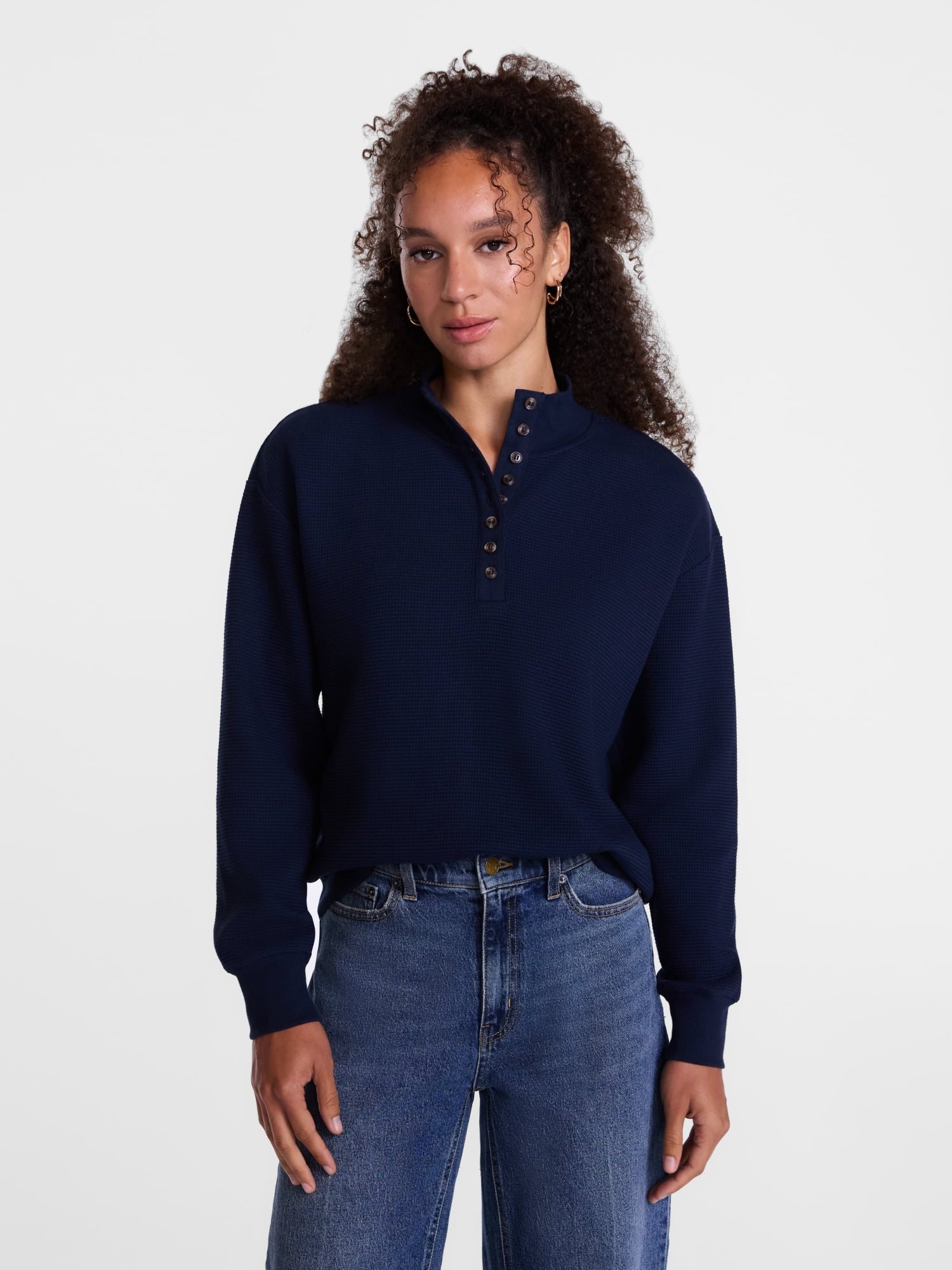 Scenario Women's and Women's Plus Waffle Knit Button Top with Long Sleeves, Sizes XS-4X