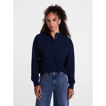 Scenario Women's and Women's Plus Waffle Knit Button Top with Long Sleeves, Sizes XS-4X