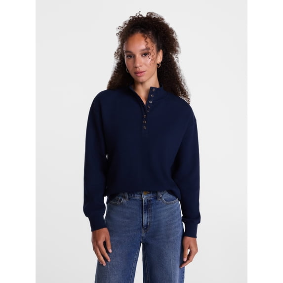 Scenario Women's and Women's Plus Waffle Knit Button Top with Long Sleeves, Sizes XS-4X
