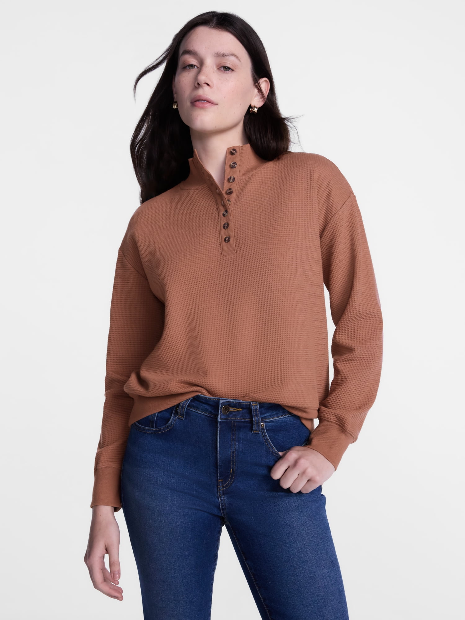 Scenario Women's and Women's Plus Waffle Knit Button Top with Long Sleeves, Sizes XS-4X