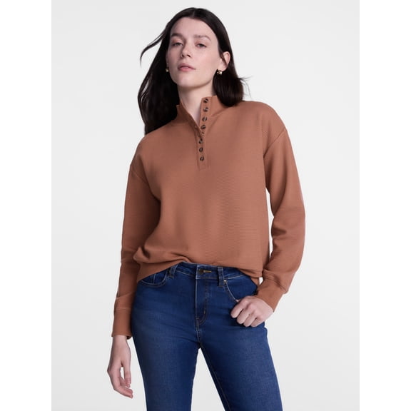 Scenario Women's and Women's Plus Waffle Knit Button Top with Long Sleeves, Sizes XS-4X