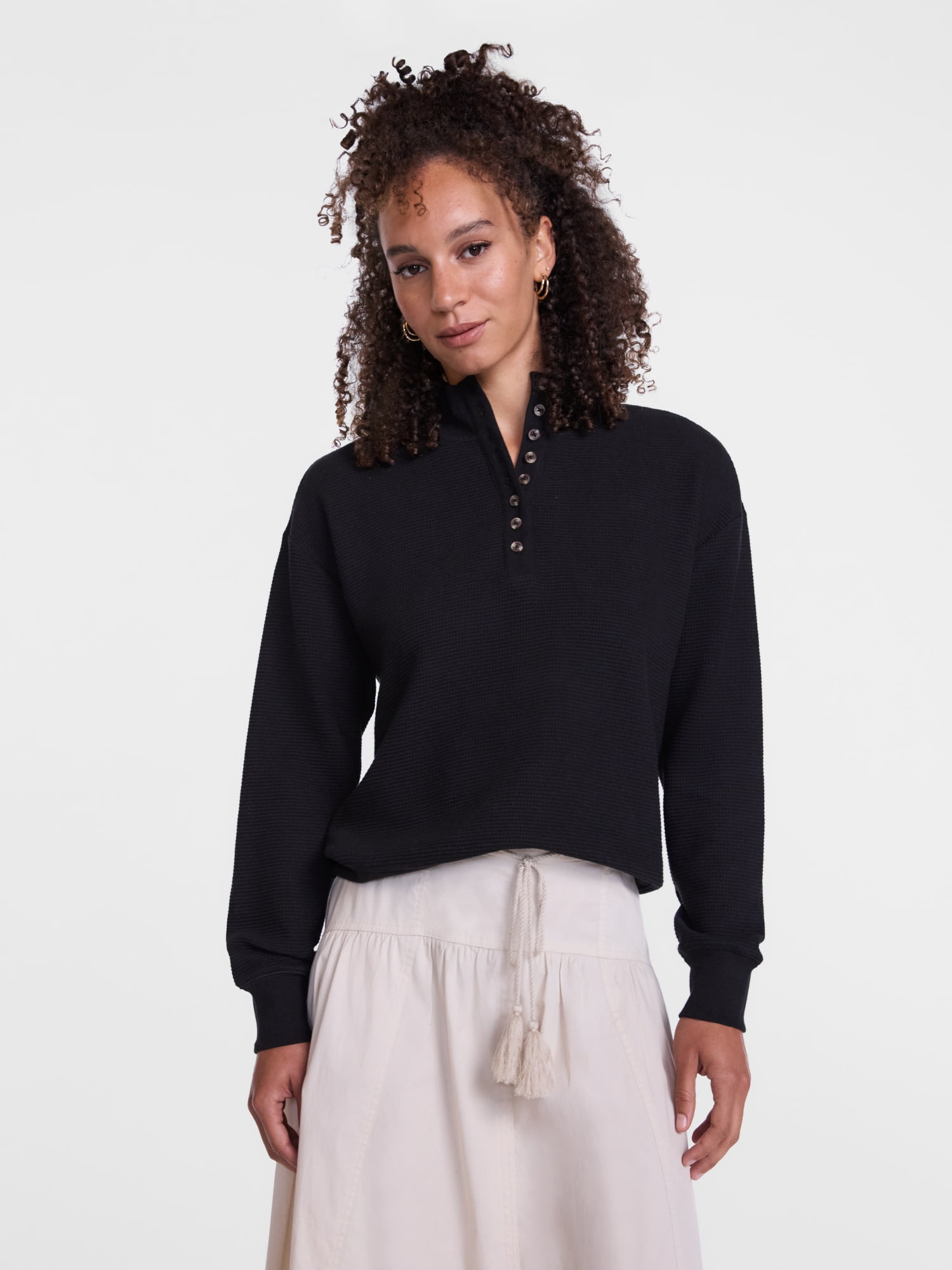 Scenario Women's and Women's Plus Waffle Knit Button Top with Long Sleeves, Sizes XS-4X