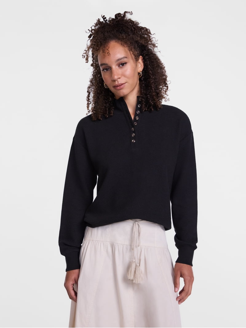 Scenario Women's and Women's Plus Waffle Knit Button Top with Long