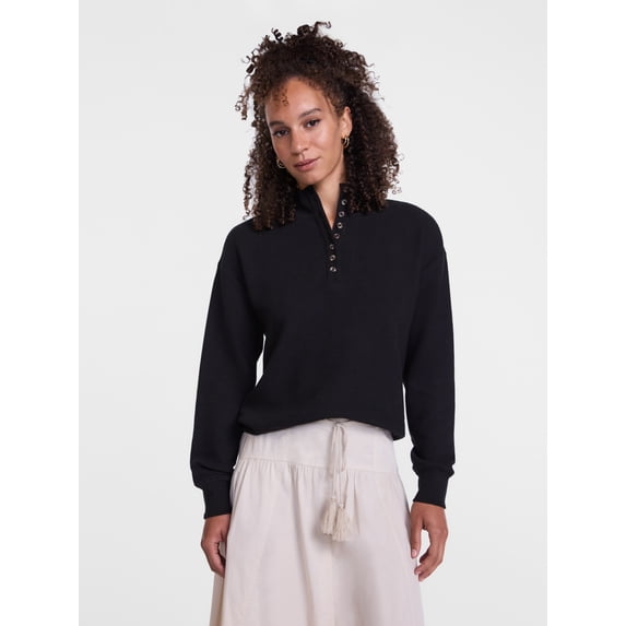 Scenario Women's and Women's Plus Waffle Knit Button Top with Long Sleeves, Sizes XS-4X