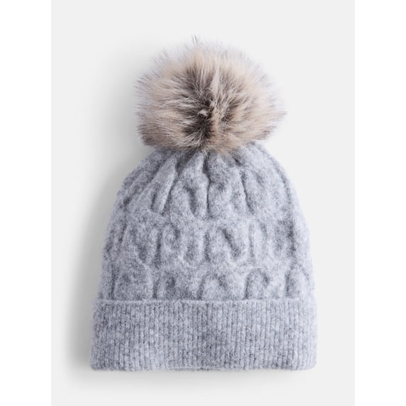 Scenario Women's Cable Knit Pom Beanie, Medium Grey Heather