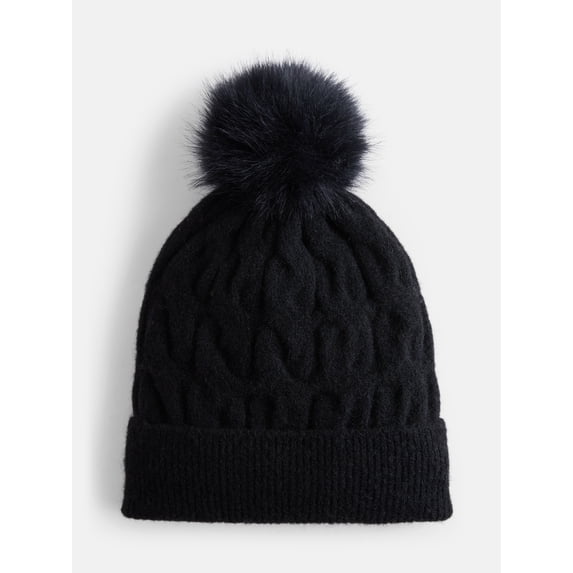 Scenario Women's Cable Knit Pom Beanie, Black Soot