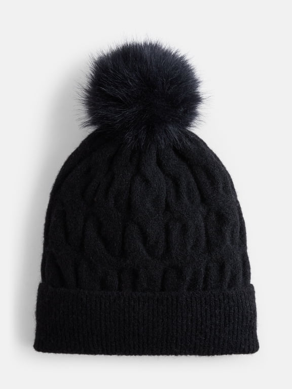 Women's Cable Knit Pom Beanie, Black Soot