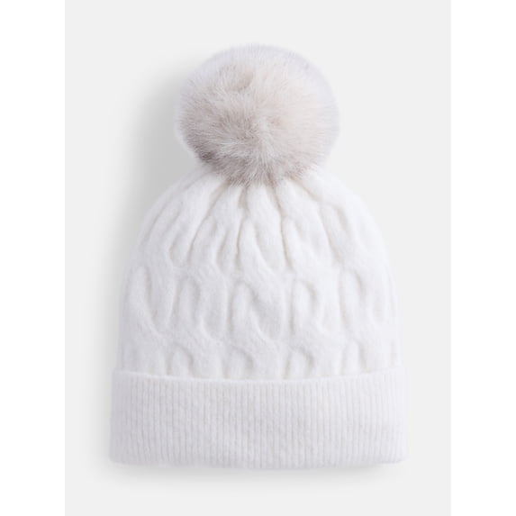 Scenario Women's Cable Knit Pom Beanie, Winter White