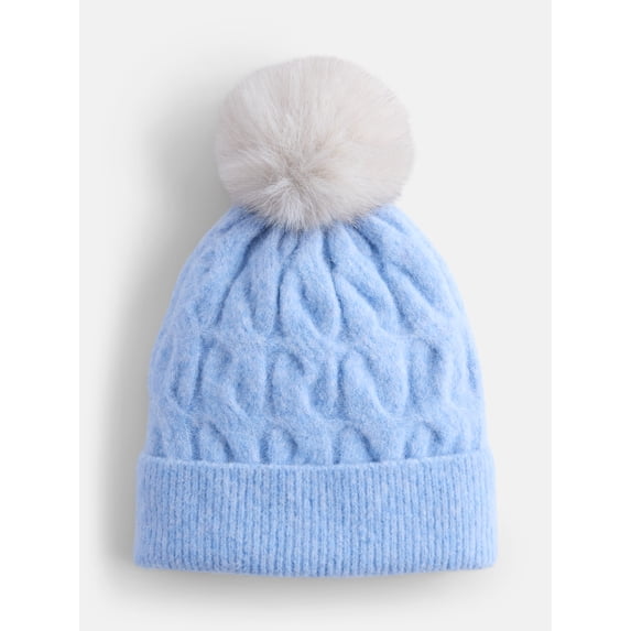 Scenario Women's Cable Knit Pom Beanie, Polished Blue