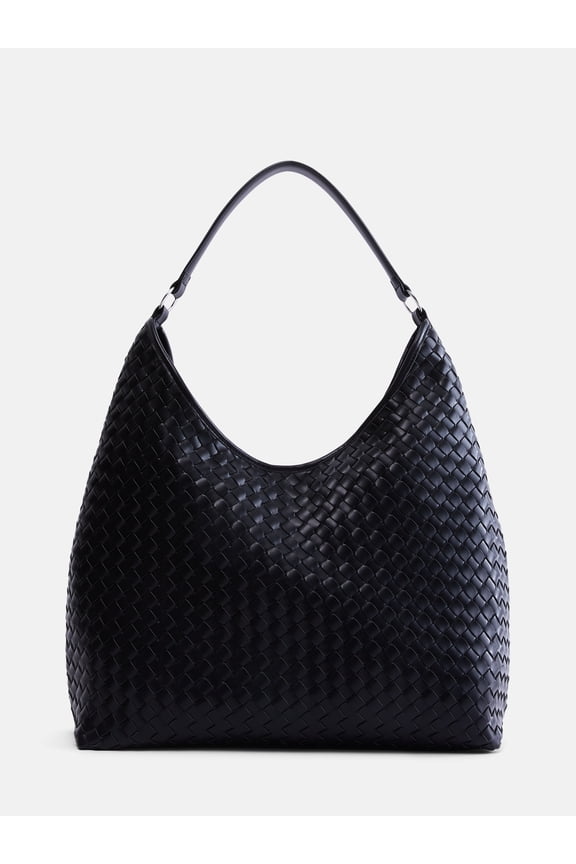 Women's Faux Leather Woven Hobo Shoulder Bag, Black