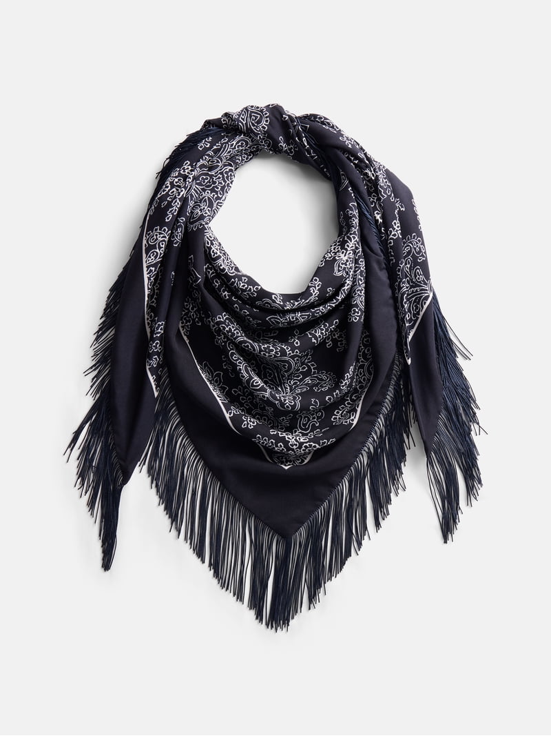 Scenario Women's Printed Fringe Triangle Scarf, Blue, One Size