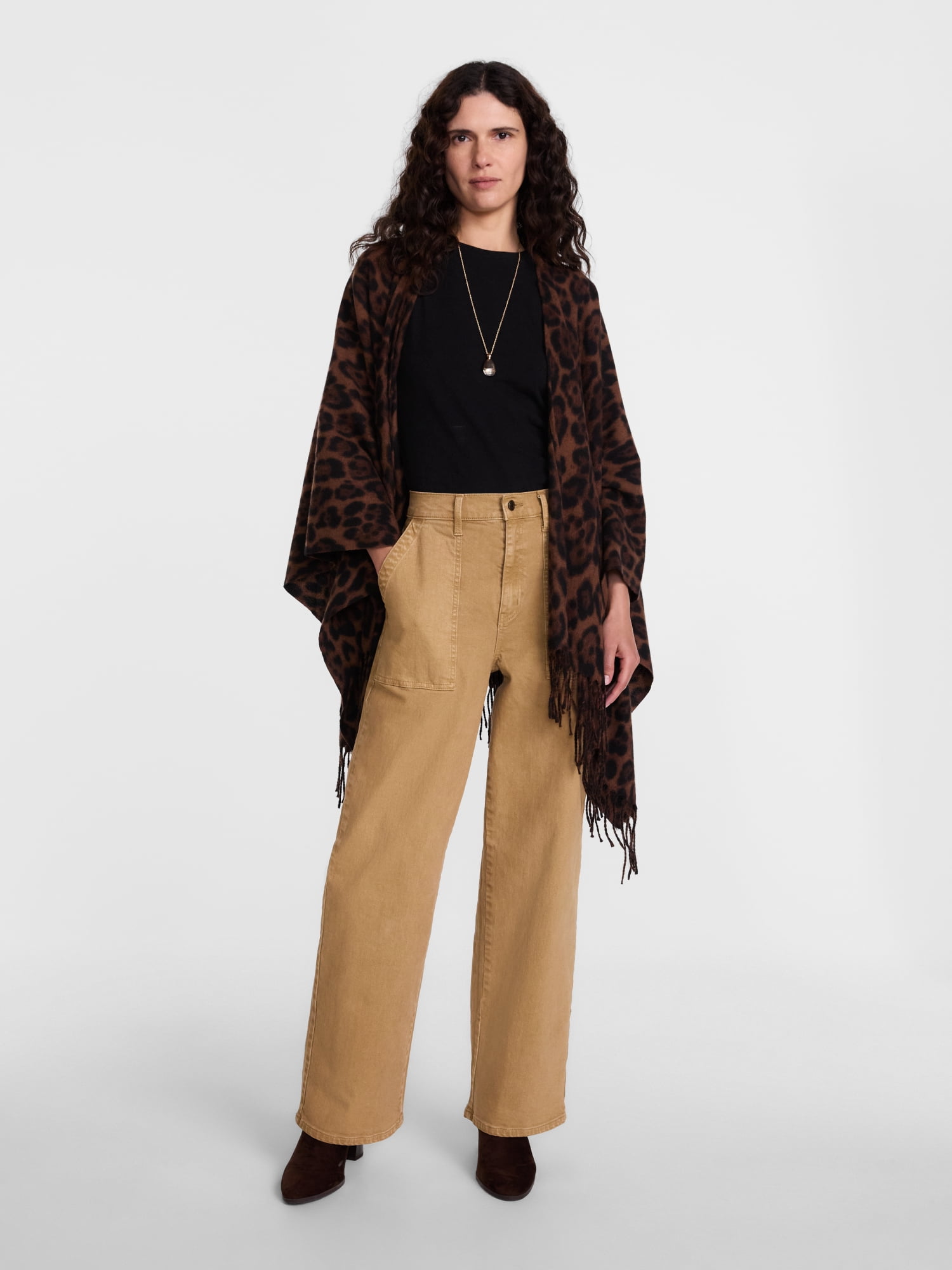 Scenario Women's Fringe Ruana, Mid-weight, Brown Leopard