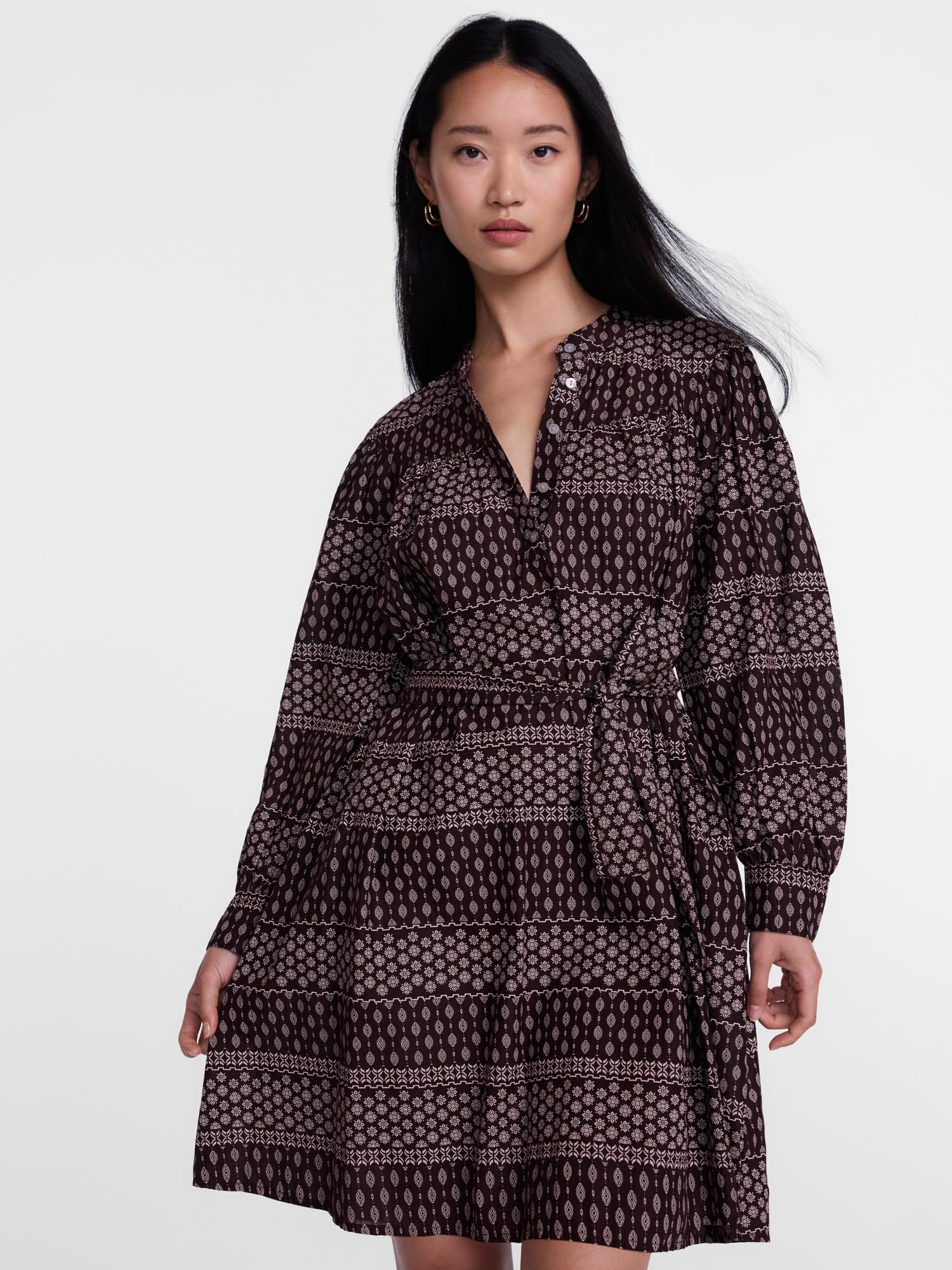 Scenario Women's Band Collar Shirtdress with Long Sleeves, Sizes XS-XXXL