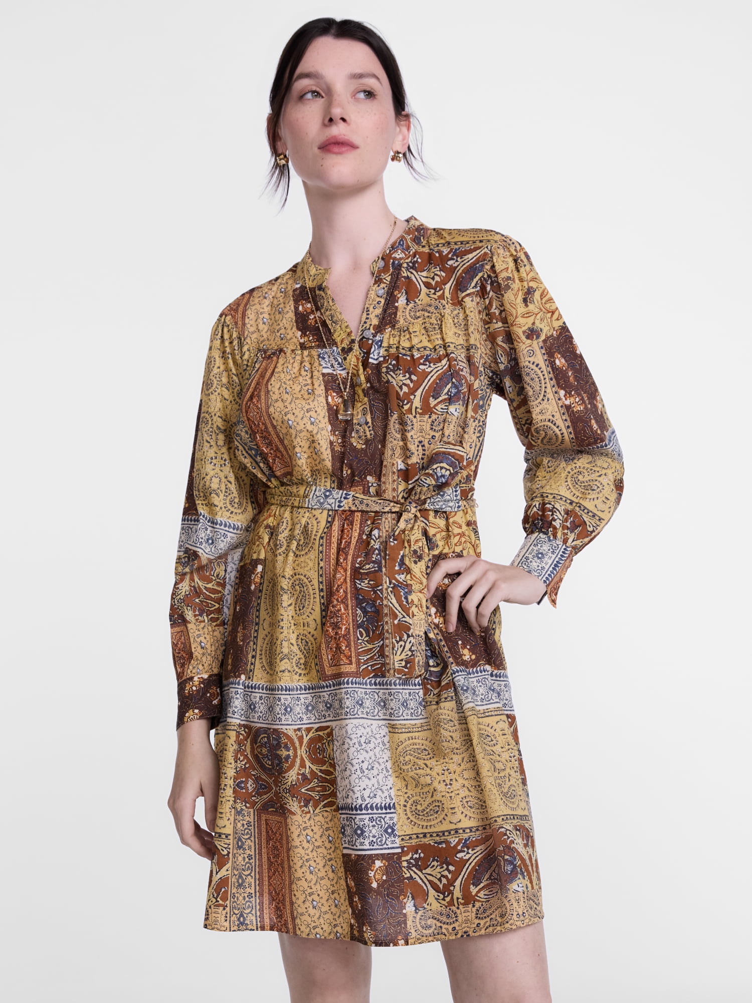 Scenario Women's Band Collar Shirtdress with Long Sleeves, Sizes XS-XXXL
