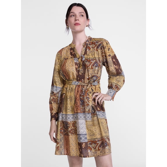 Scenario Women's Band Collar Shirtdress with Long Sleeves, Sizes XS-XXXL