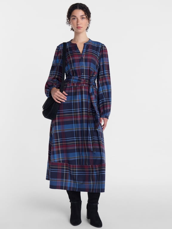 Women's Belted Midi Dress with Long Sleeves, Sizes XS-XXXL