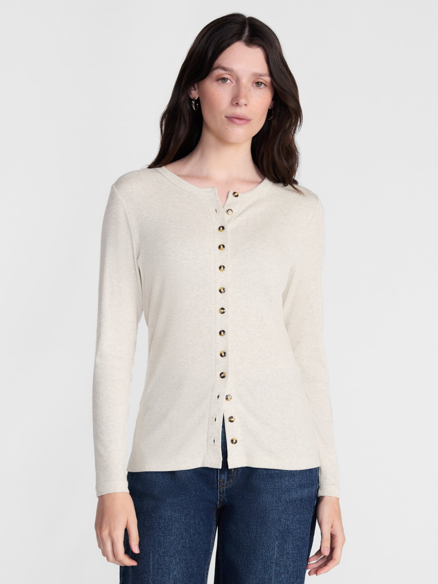 Scenario Women's Button Front Crewneck Sweater, Lightweight, Sizes XS-XXXL