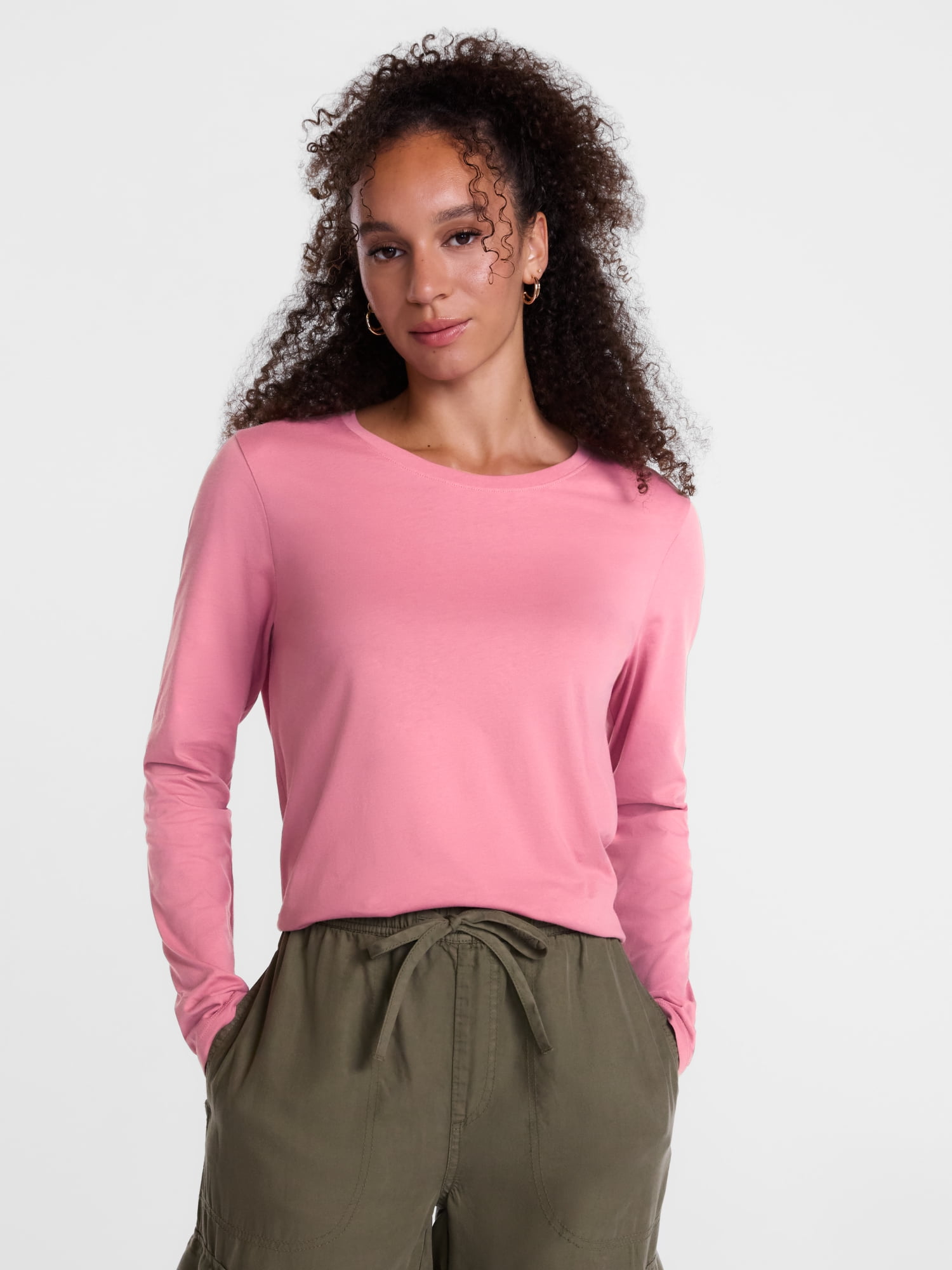 Scenario Women's Cotton Crewneck Tee with Long Sleeves, Sizes XS-XXXL