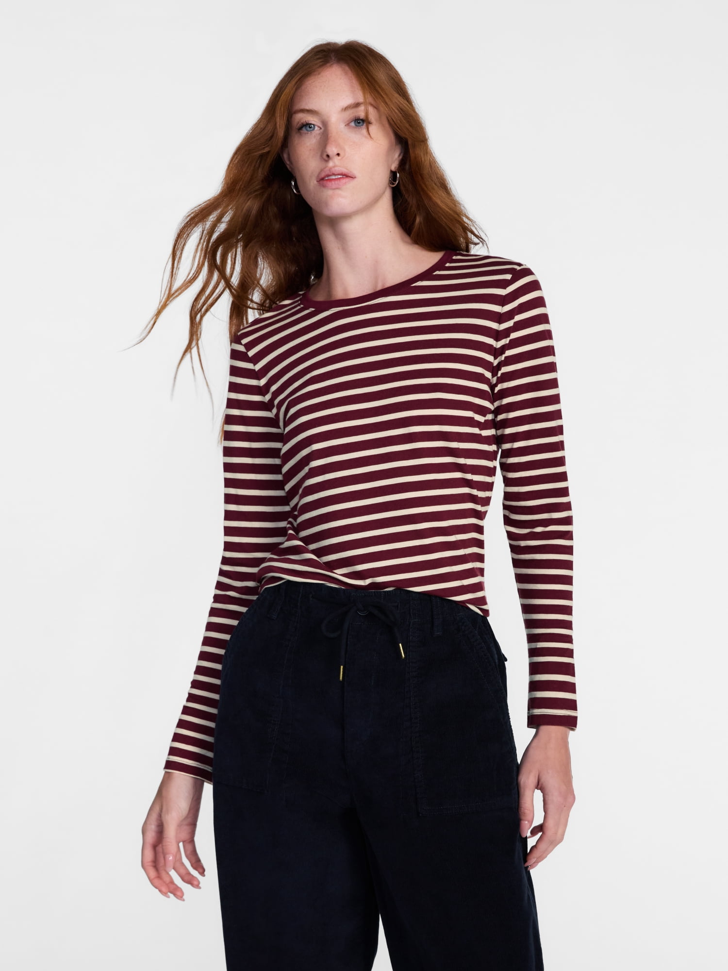 Scenario Women's Cotton Crewneck Tee with Long Sleeves, Sizes XS-XXXL