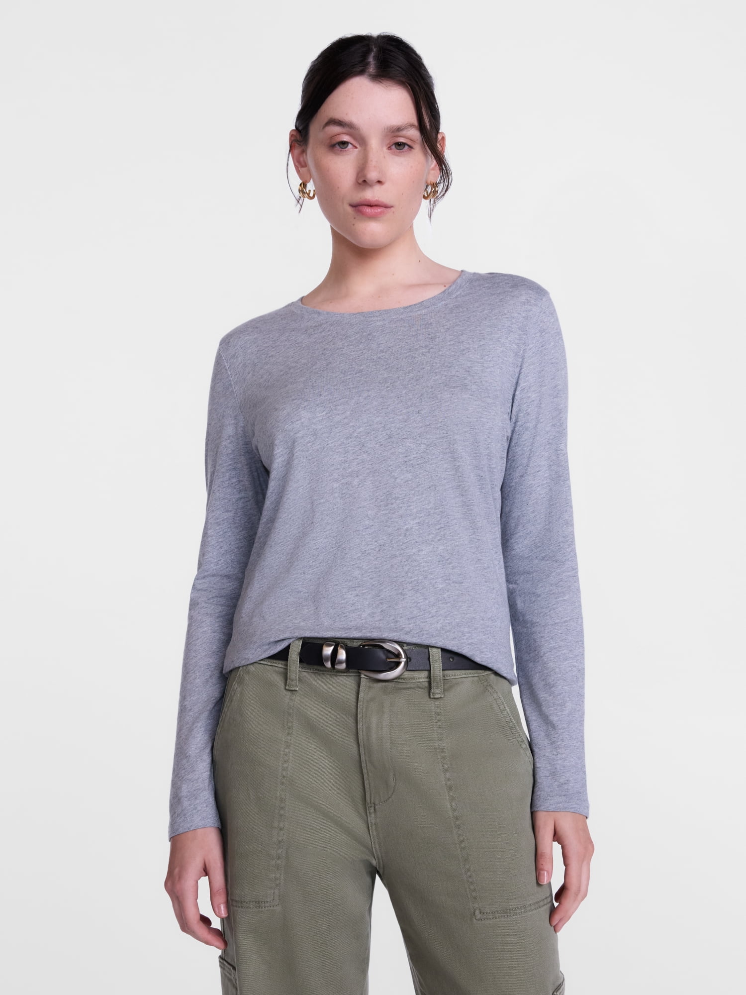 Scenario Women's Cotton Crewneck Tee with Long Sleeves, Sizes XS-XXXL