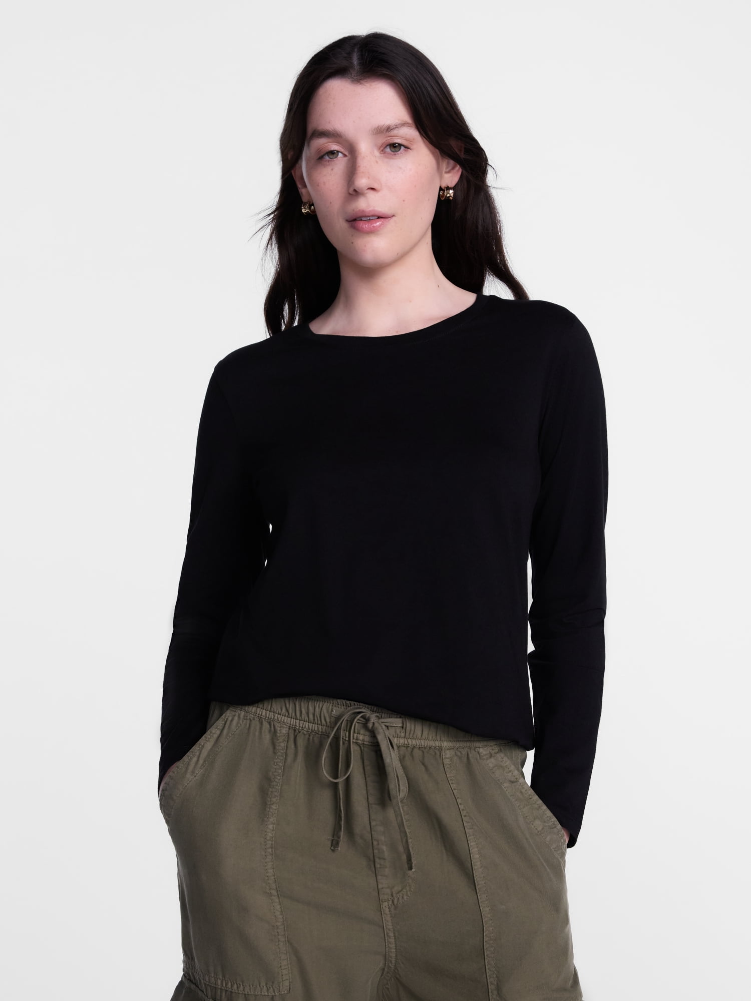 Scenario Women's Cotton Crewneck Tee with Long Sleeves, Sizes XS-XXXL