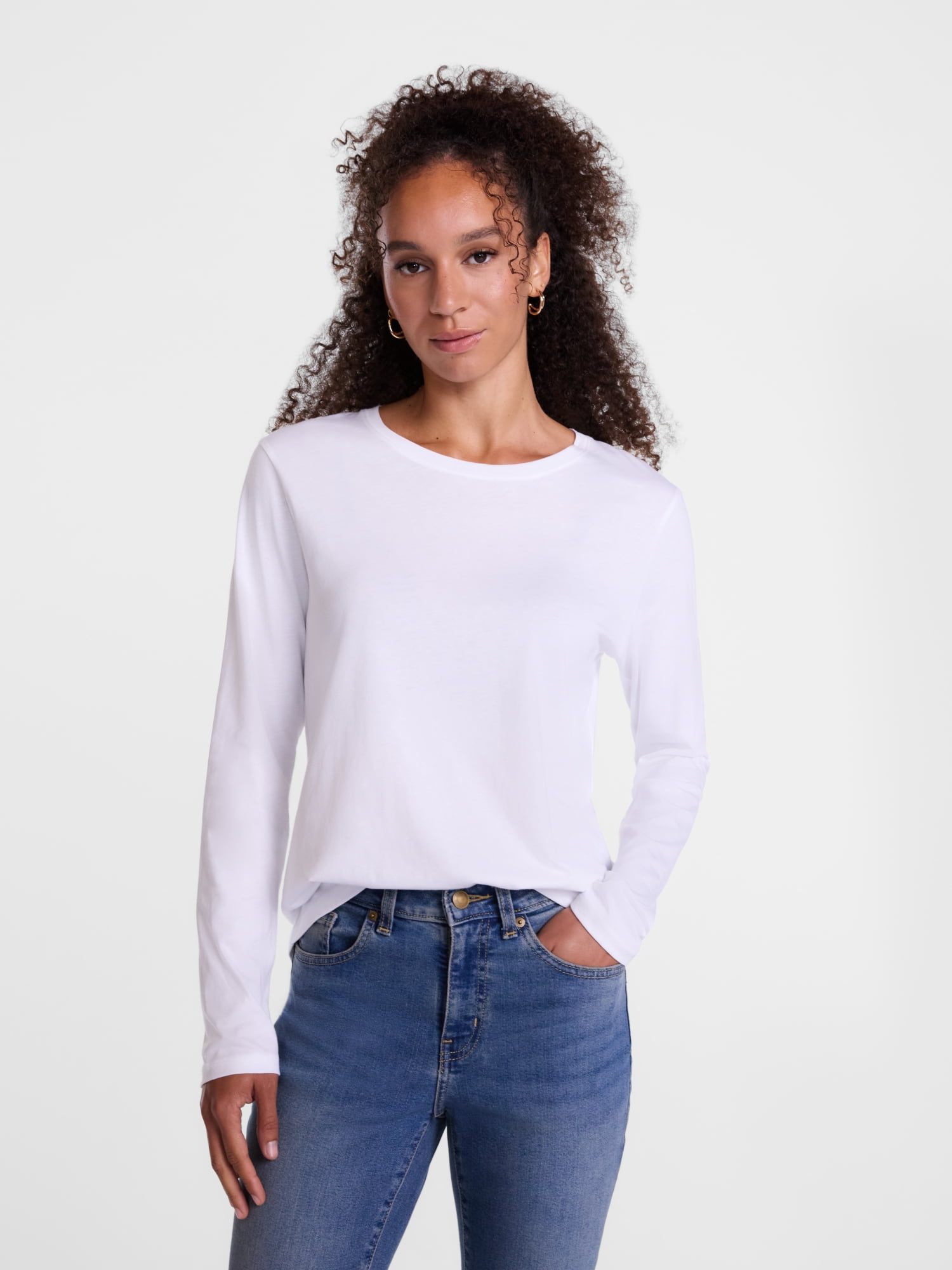 Scenario Women's Cotton Crewneck Tee with Long Sleeves, Sizes XS-XXXL