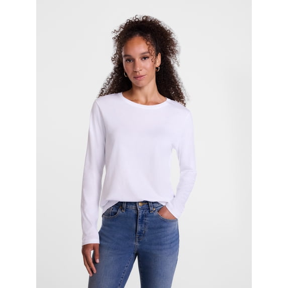 Scenario Women's Cotton Crewneck Tee with Long Sleeves, Sizes XS-XXXL