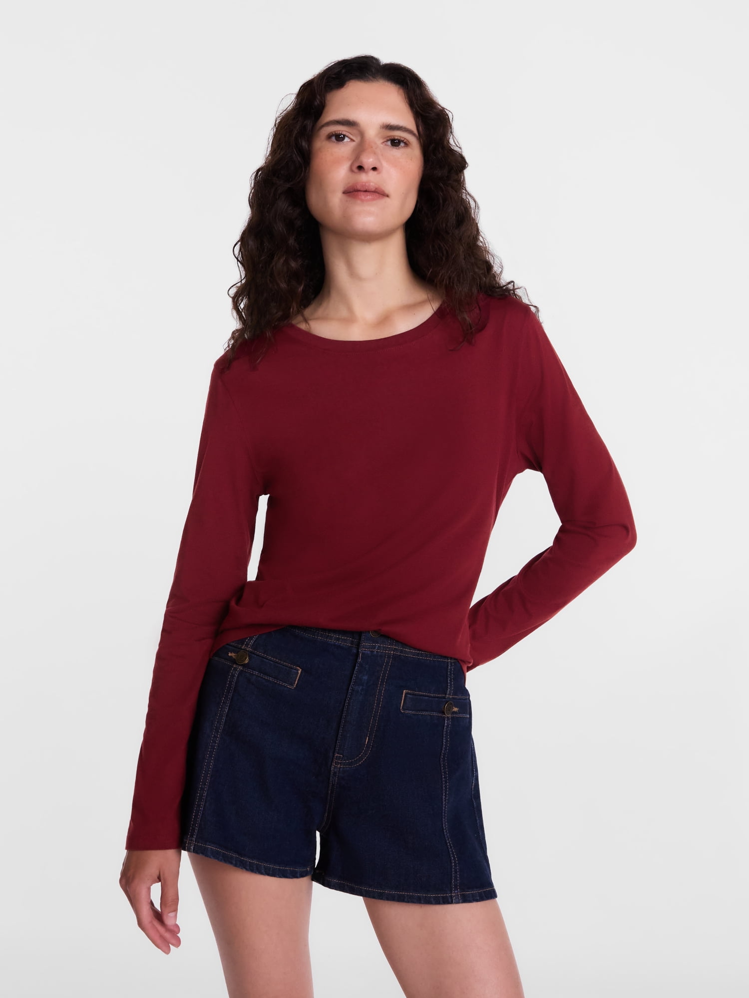 Scenario Women's Cotton Crewneck Tee with Long Sleeves, Sizes XS-XXXL