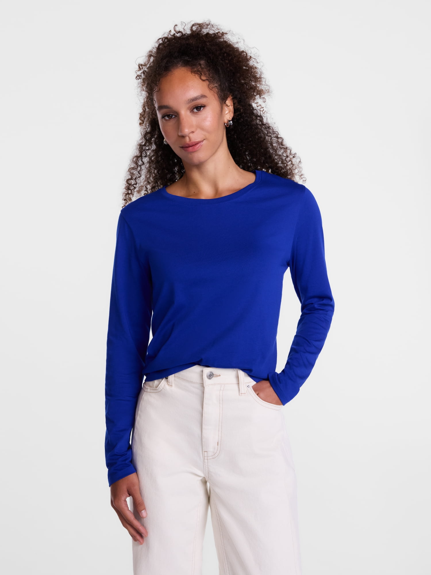 Scenario Women's Cotton Crewneck Tee with Long Sleeves, Sizes XS-XXXL