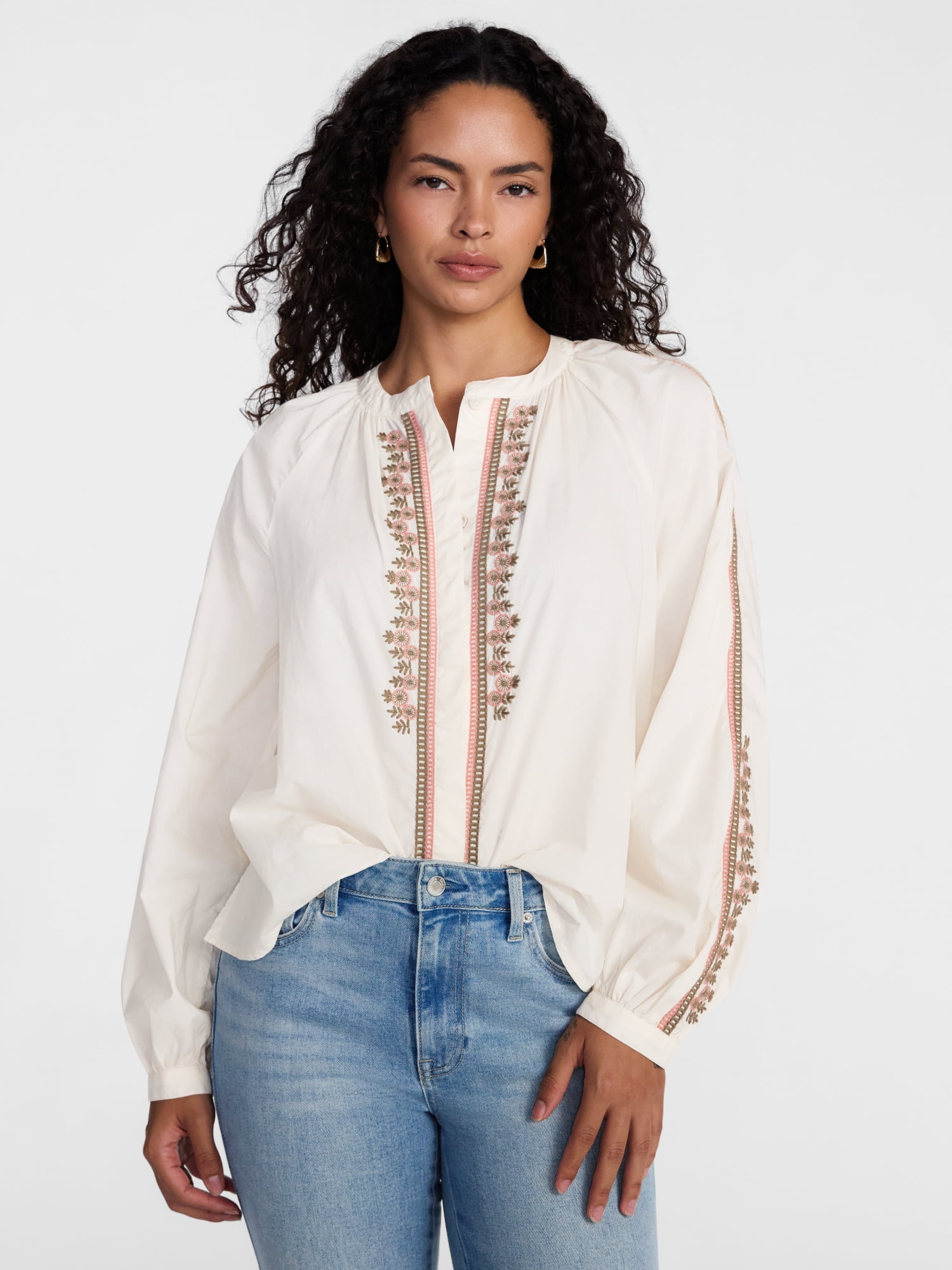 Scenario Women's Embroidery Top with Long Sleeves, Sizes XS-XXXL