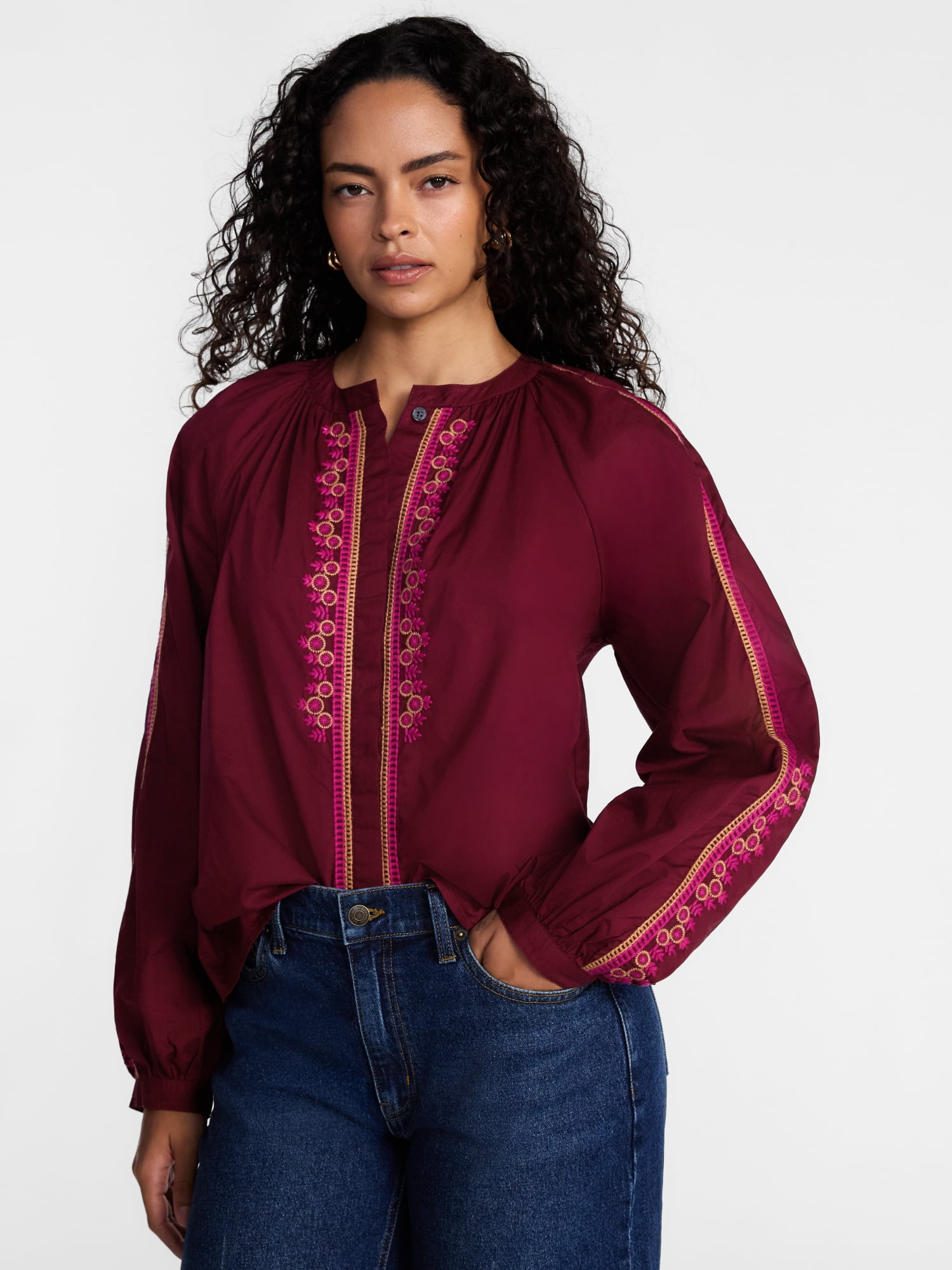 Scenario Women's Embroidery Top with Long Sleeves, Sizes XS-XXXL