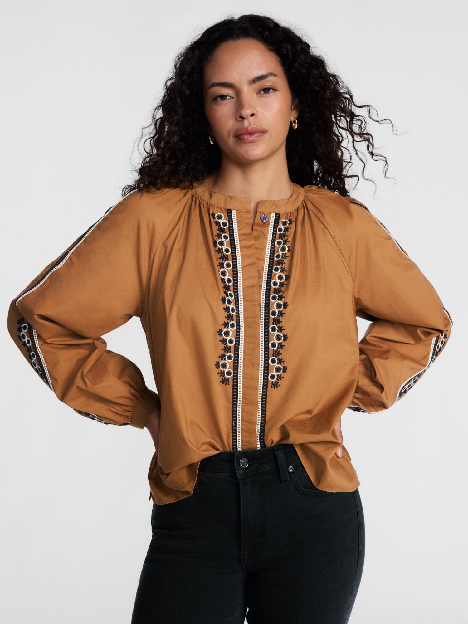Scenario Women's Embroidery Top with Long Sleeves, Sizes XS-XXXL