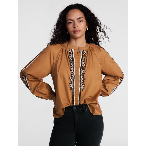 Scenario Women's Embroidery Top with Long Sleeves, Sizes XS-XXXL