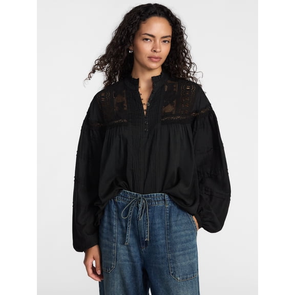 Scenario Women's Embroidered Pintuck Top with Long Sleeves, Sizes XS-XXXL