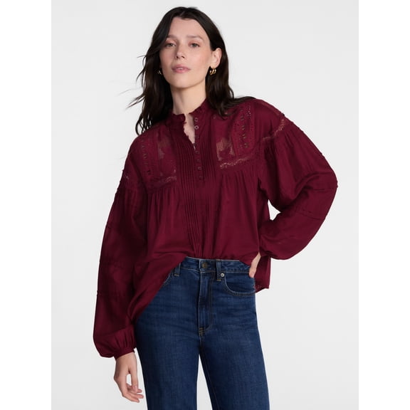 Scenario Women's Embroidered Pintuck Top with Long Sleeves, Sizes XS-XXXL