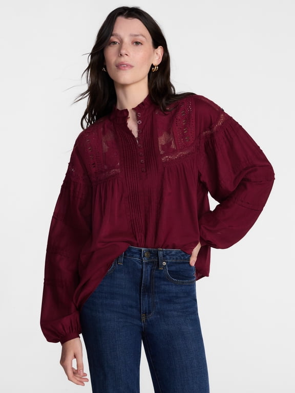 Women's Embroidered Pintuck Top with Long Sleeves, Sizes XS-XXXL