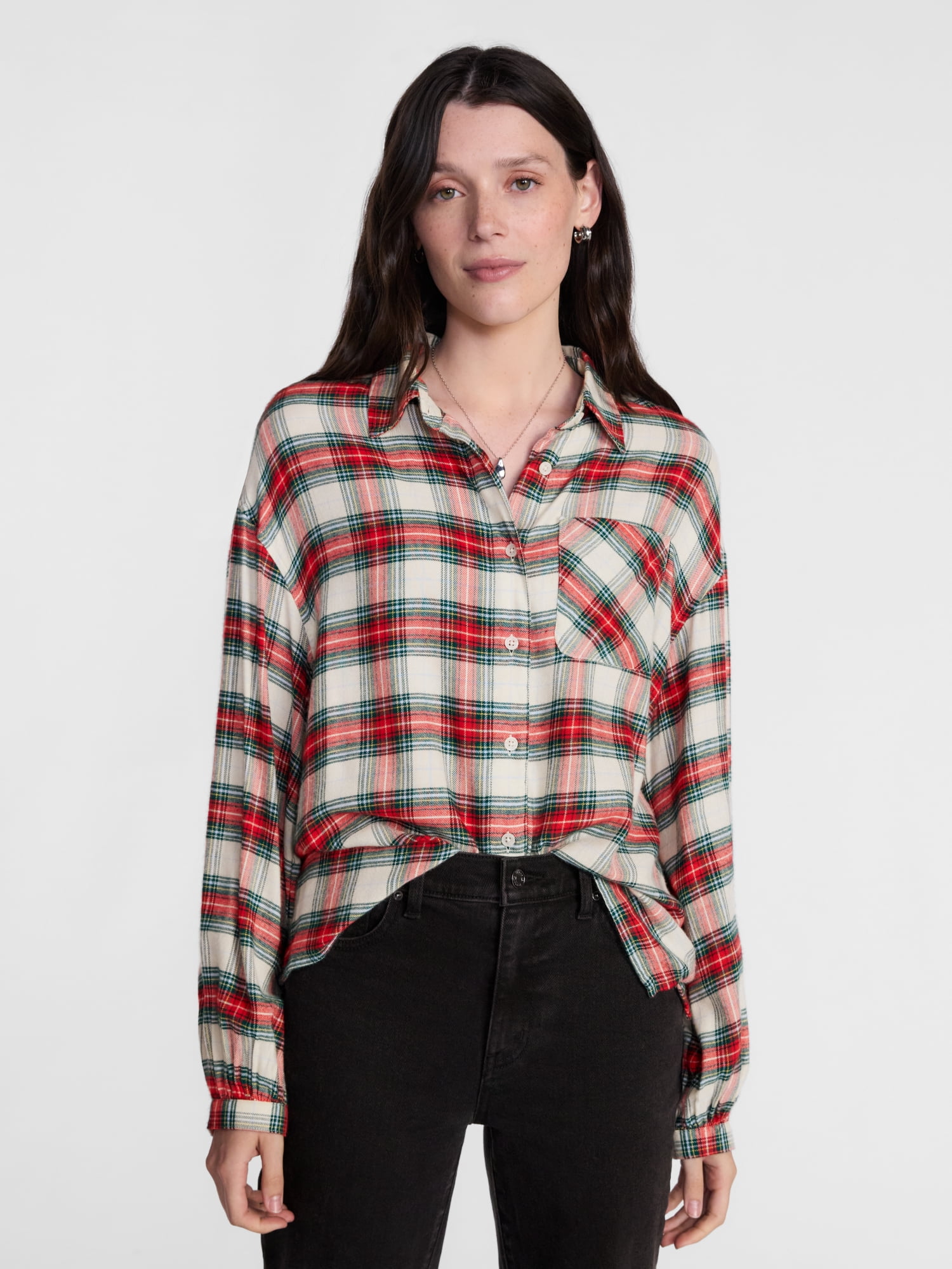 Scenario Women's Flannel Shirt with Long Sleeves, Sizes XS-XXXL