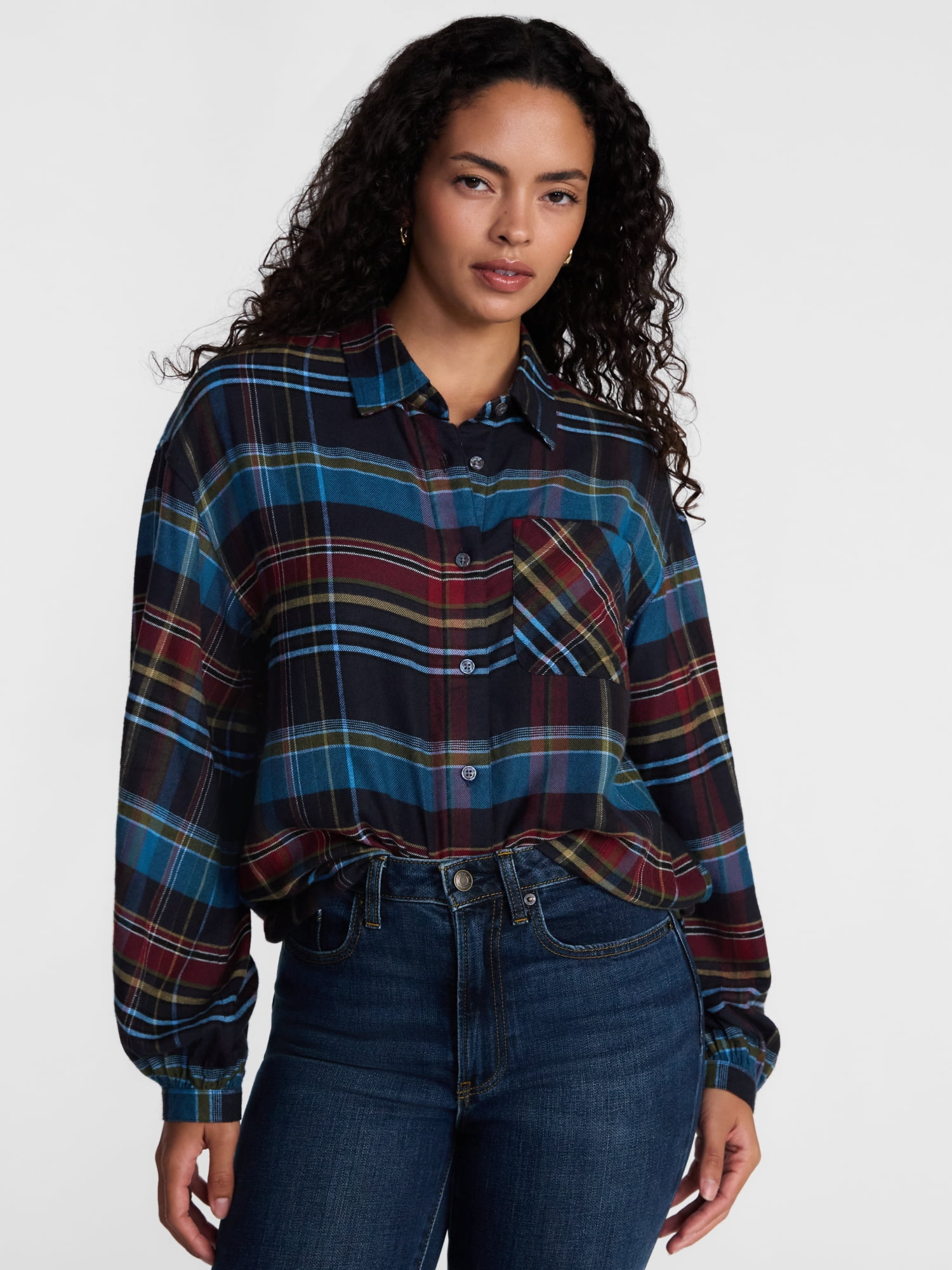 Scenario Women's Flannel Shirt with Long Sleeves, Sizes XS-XXXL