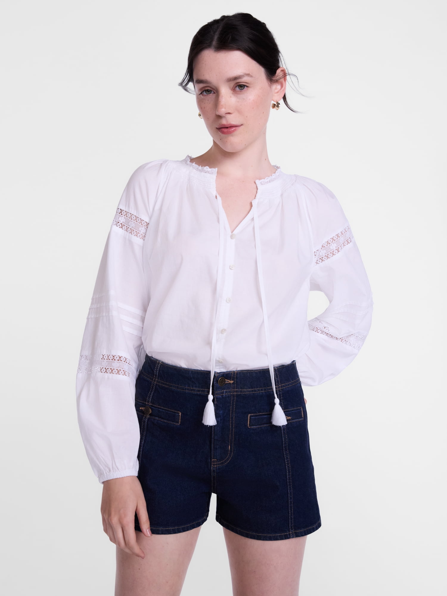 Scenario Women's and Women's Plus Smocked Neck Top with Lace Inserts, Sizes XS-4X