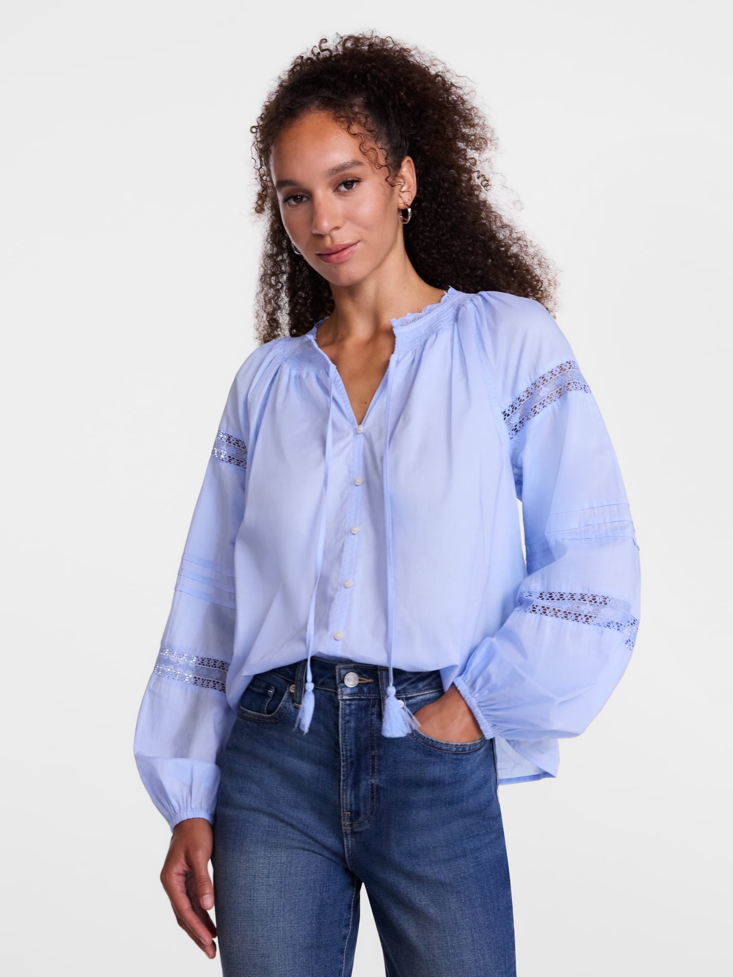 Scenario Women's and Women's Plus Smocked Neck Top with Lace Inserts, Sizes XS-4X