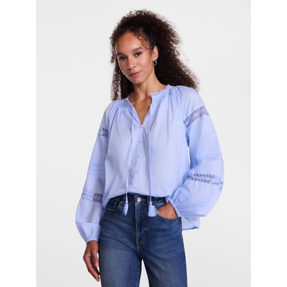 Scenario Women's and Women's Plus Smocked Neck Top with Lace Inserts, Sizes XS-4X