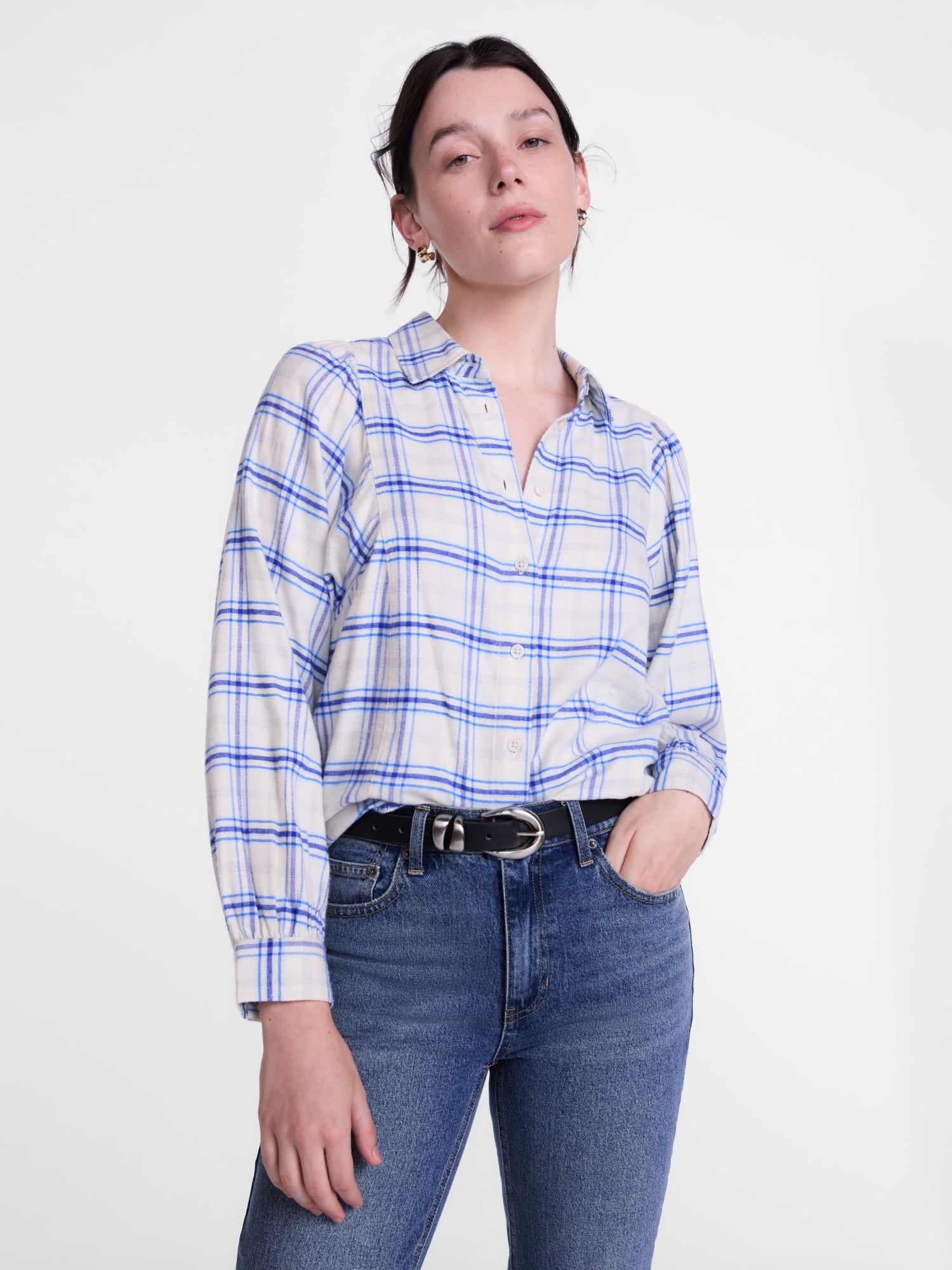 Scenario Women's Plaid Shirt with Long Puff Sleeves, Sizes XS-XXXL