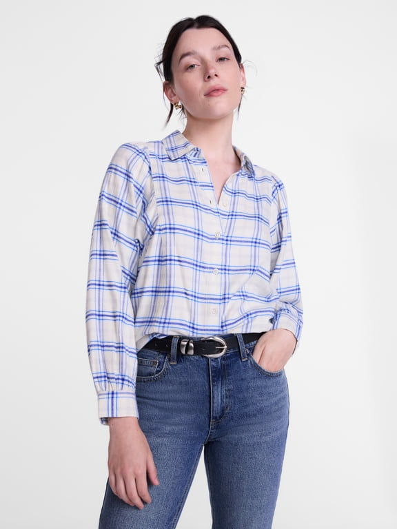 Women's Plaid Shirt with Long Puff Sleeves, Sizes XS-XXXL