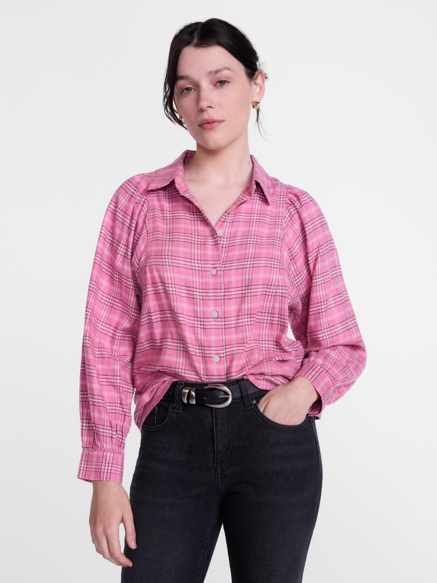Scenario Women's Plaid Shirt with Long Puff Sleeves, Sizes XS-XXXL
